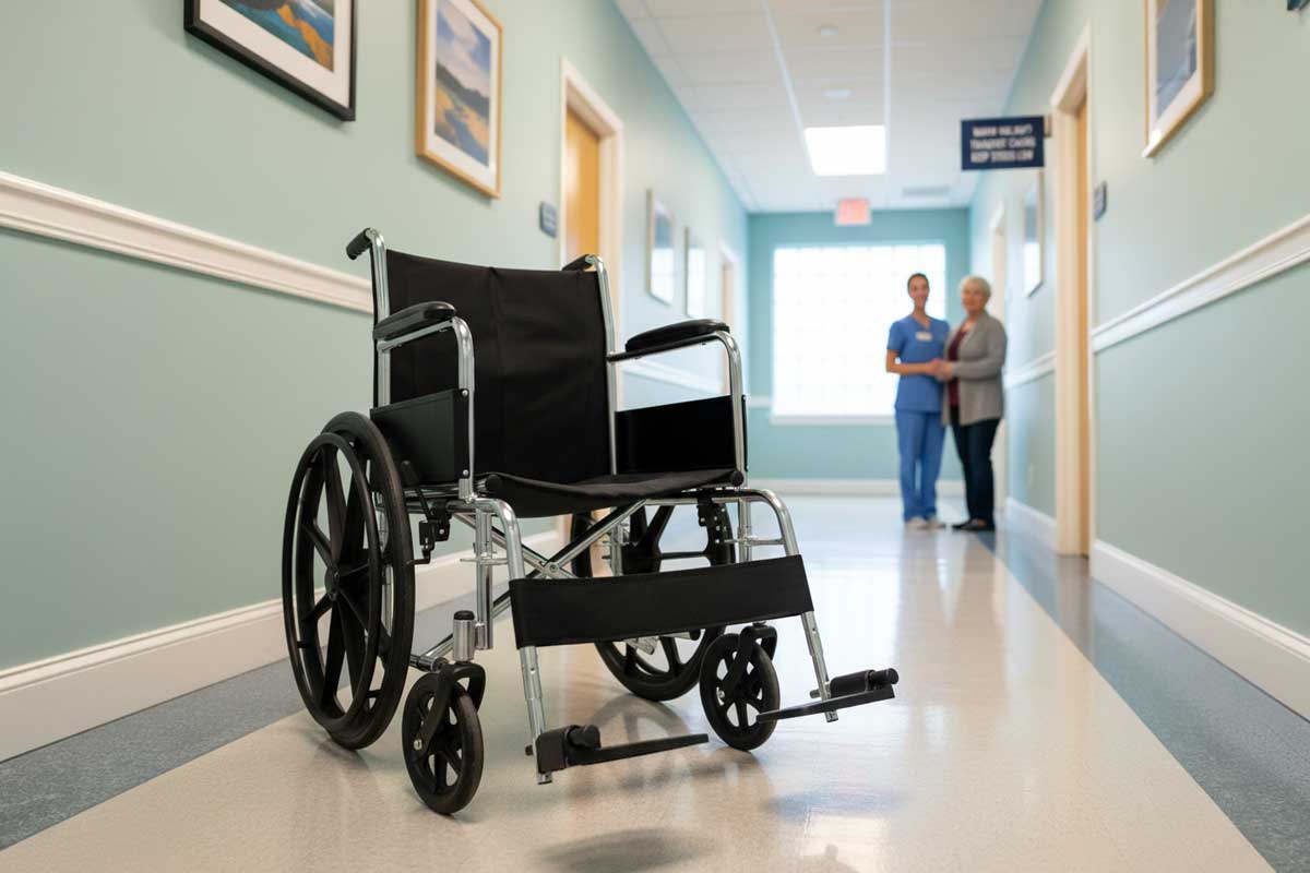 Light transport wheelchair in a clinic hallway with swing away footrests