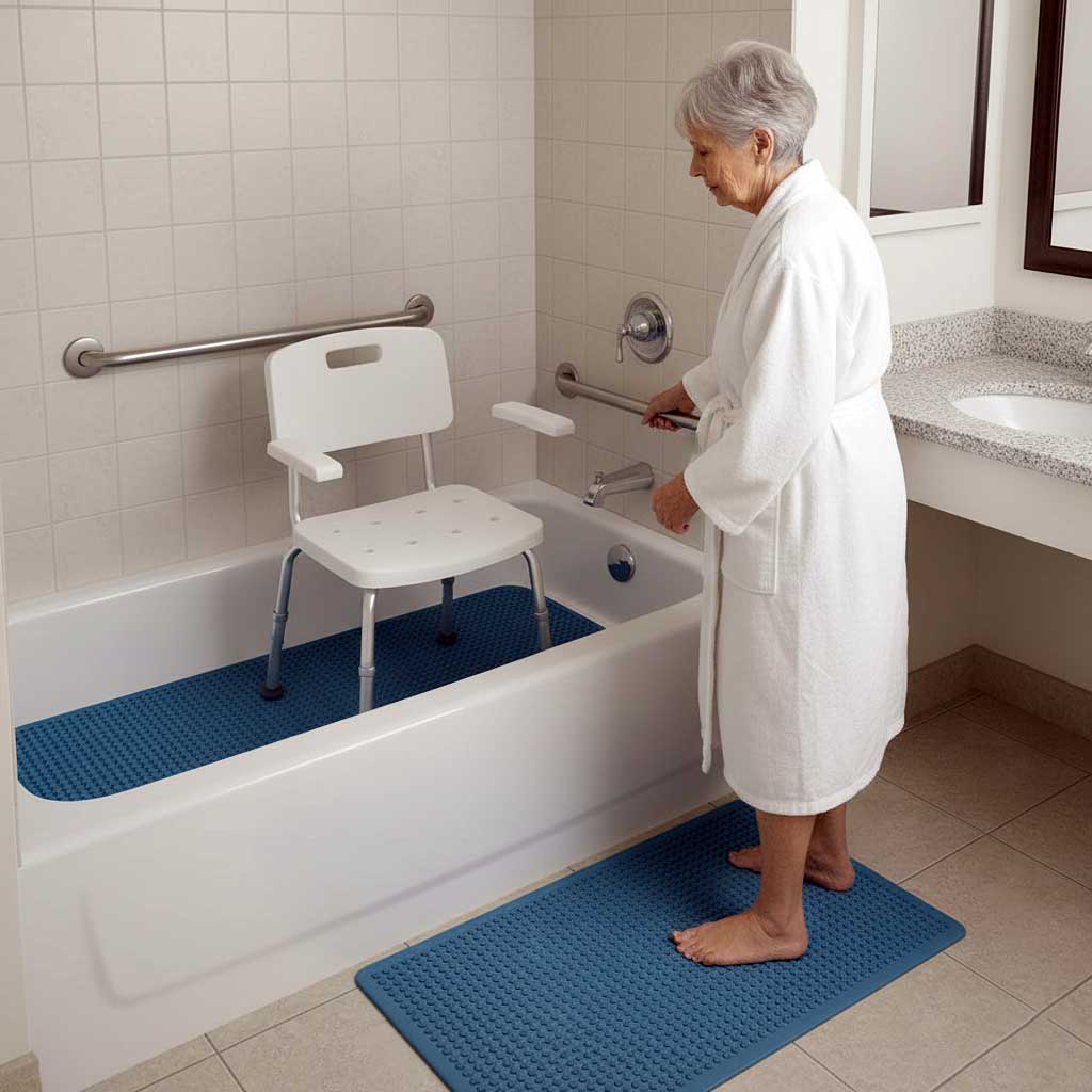 Side view showing safe tub entry position with one hand on grab bar and legs positioned for transfer into shower chair