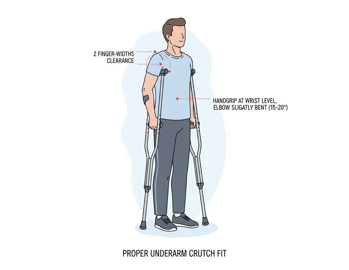 Illustration of proper underarm crutch fit showing armpit clearance and correct handle height positioning