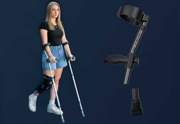Young woman using forearm crutches with a knee brace in a modern home.