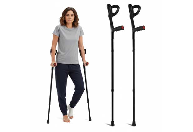 Woman using black Drive Medical aluminum forearm crutches with an injured foot.