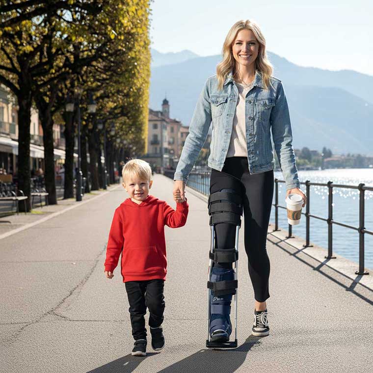 User wearing Freedom Leg 3.0 carrying a coffee mug with both hands in a kitchen