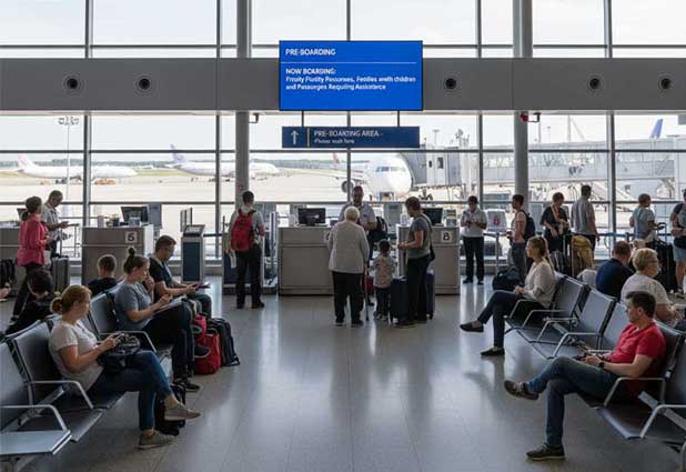 Gate agent announcing pre-boarding for passengers who need extra time