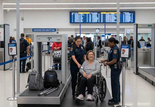 Traveler using crutches speaking with TSA officers at security