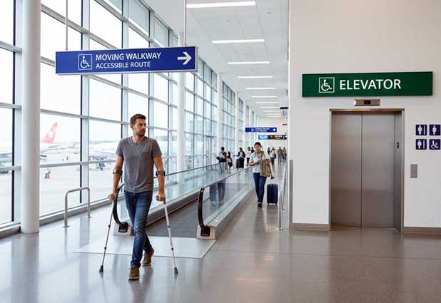 Airport terminal map highlighting elevators and accessible walkways