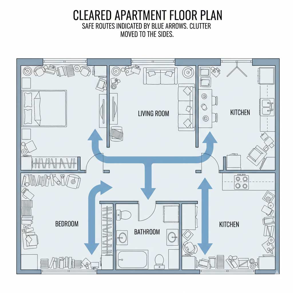 Simple apartment floor plan diagram showing cleared pathways from bedroom to bathroom and kitchen, with arrows indicating safe routes and clutter moved to sides