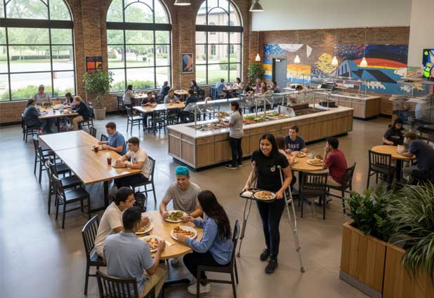 Student using underarm crutches carries a tray through a busy college dining hall.