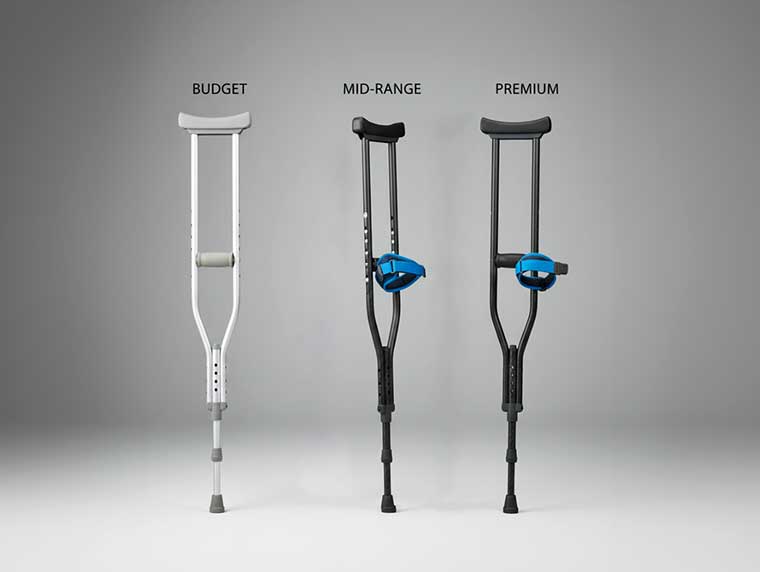 Budget, mid-range, and premium crutches lined up for comparison