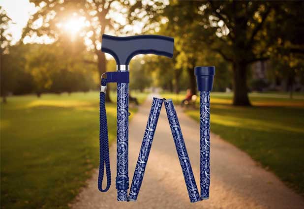 Blue patterned folding walking stick displayed outdoors on a park path.