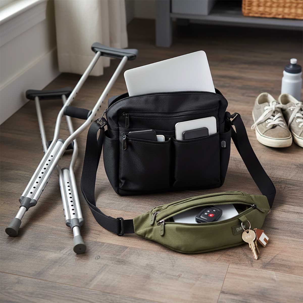 Crossbody bag and fanny pack laid out with laptop, tablet, phone, and keys.