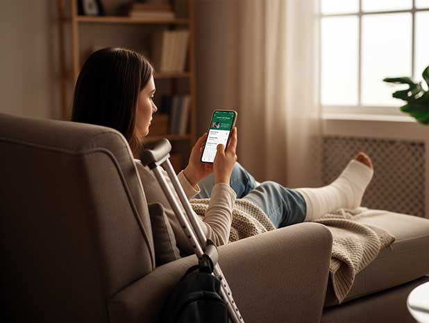 Person on crutches resting in a living room chair, looking at a crutch day planner on their phone.
