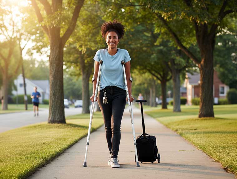 Person using underarm crutches pulls a small rolling backpack beside them on a smooth sidewalk, keys clipped to a retractable lanyard on their belt.
