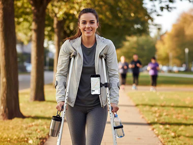 Person using underarm crutches with a travel mug and water bottle clipped to carabiners and a phone mounted on one crutch handle for hands free use.