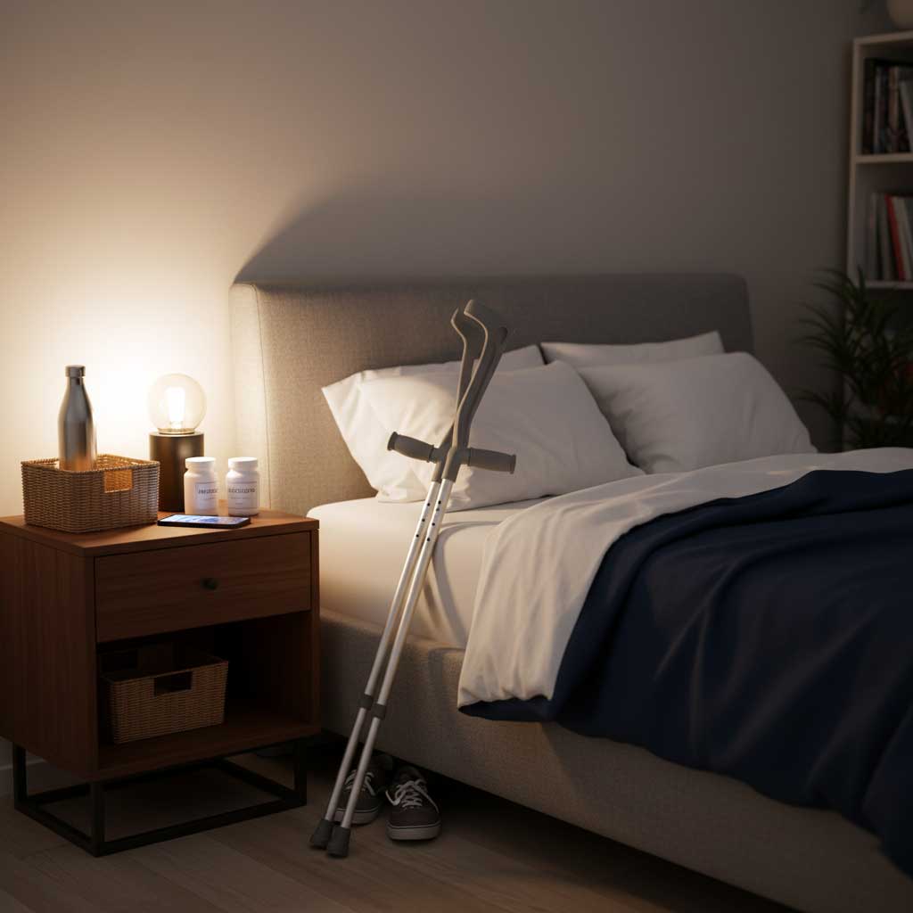 Bedroom setup showing crutches leaned securely against a wall between nightstand and bed frame, with a basket on the nightstand holding water bottle, phone, and medications