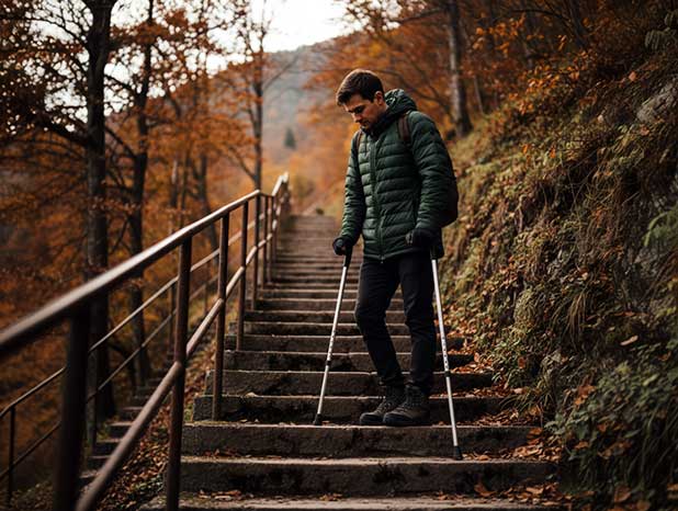 Person on crutches pausing calmly on a staircase, one hand on the rail, focused on the next step