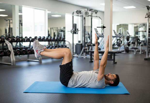 Dead-bug arm reach while an injured leg rests on a pillow