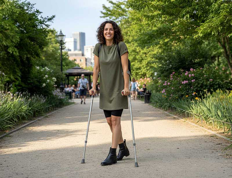 Person on crutches in a casual knee length dress styled with bike shorts and ankle boots for safety and comfort