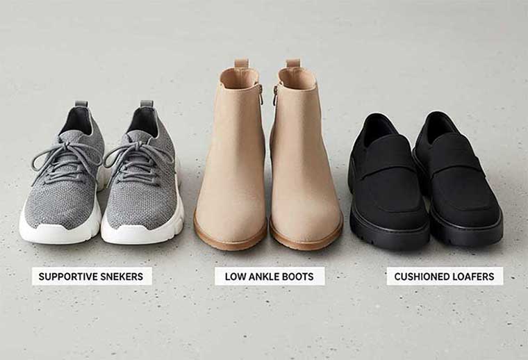 Three crutch friendly shoe options including sneakers, ankle boots, and loafers with stable soles
