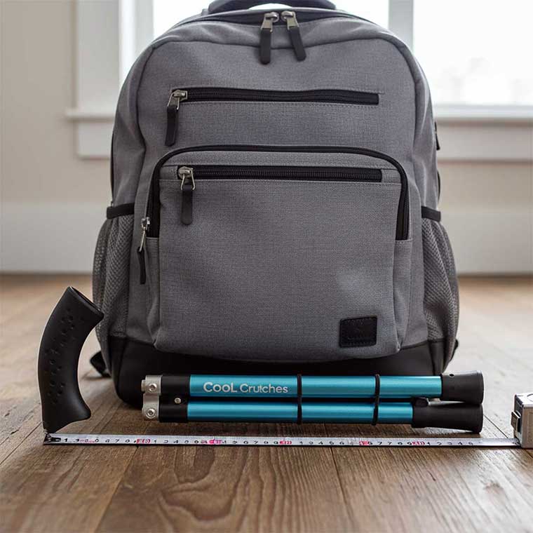 Cool Crutches folding walking stick folded to 12 inches next to a backpack for size comparison