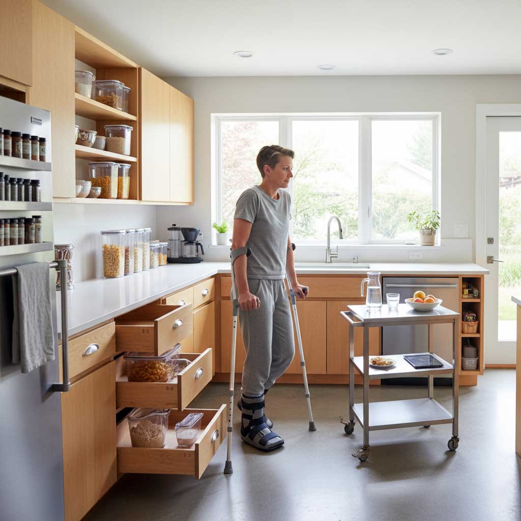Person on crutches in a clean, organized kitchen with accessible storage and a rolling cart nearby