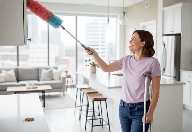 Injured woman using crutches in a kitchen with clear paths and reachable storage.