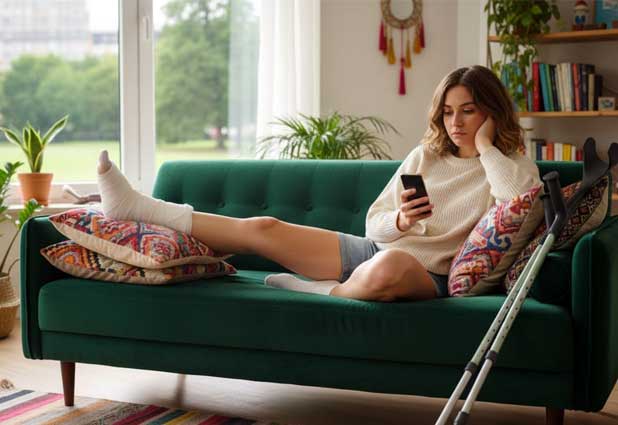 Injured woman resting on a couch with her leg elevated and crutches by her side while looking at her phone