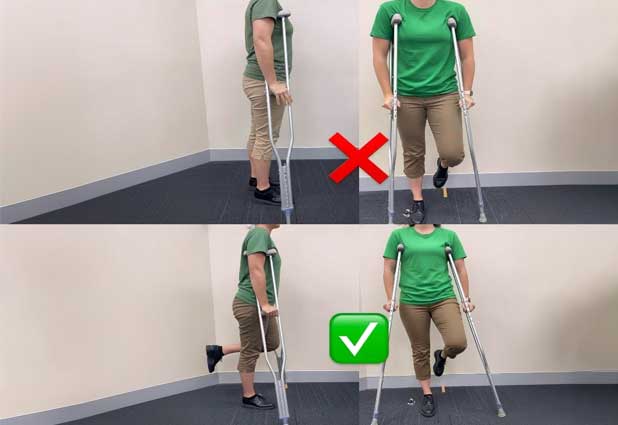 Four panel photo showing incorrect and correct crutch posture, marked with a red X and green check.
