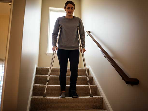 Person using crutches and a handrail to go up carpeted stairs, showing a safe no slip stair technique.