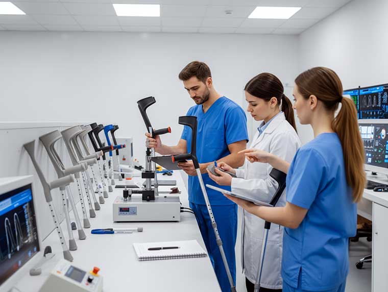 Medical professionals evaluating crutch durability and comfort