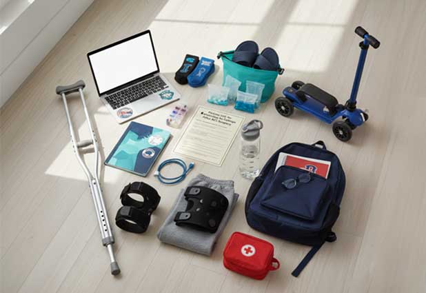 Flat lay of ACL surgery college packing essentials with crutches and gear.
