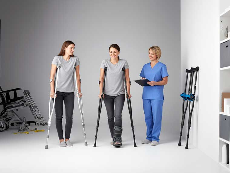 Person testing multiple crutch models in a studio setting