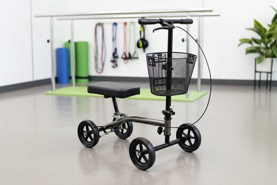 Roscoe Steerable knee walker with dual brakes and larger 8-inch wheels for outdoor use