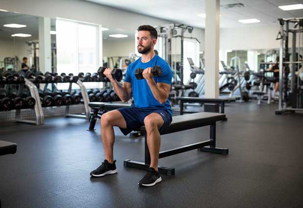 Seated biceps curl with light dumbbells and one leg elevated