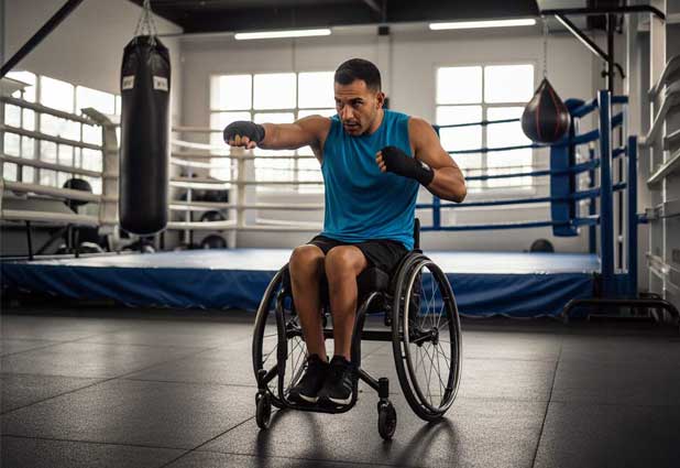 Crutch user performing seated boxing punches for cardio