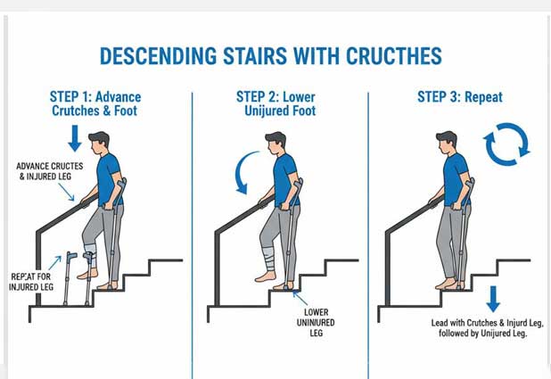 Diagram showing the sequence for descending stairs with a handrail and crutches.