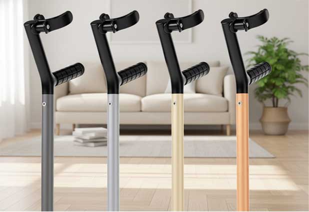 Four Telo Y walking canes in different colors displayed in a living room.