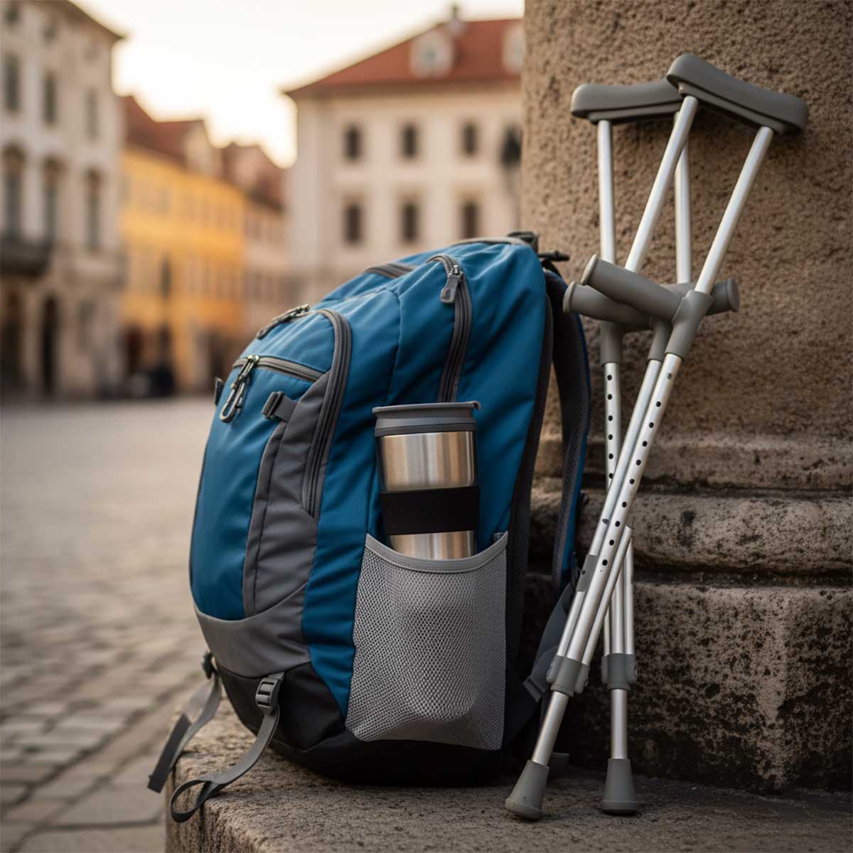 Travel mug with secure lid placed in backpack side pocket next to crutches.