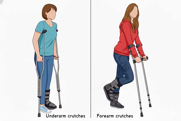 Side by side illustration of a person using underarm crutches and a person using forearm crutches.