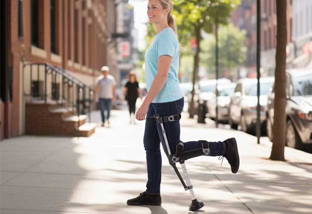Blue knee scooter parked beside a sofa